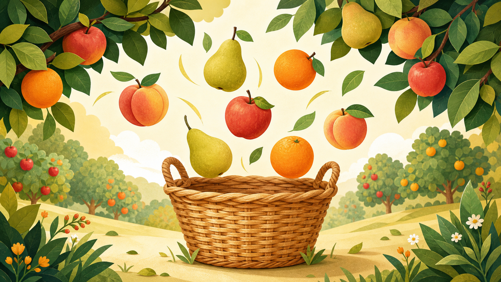 Illustration of apples, pears, oranges, and peaches falling into a large basket in a sunlit orchard